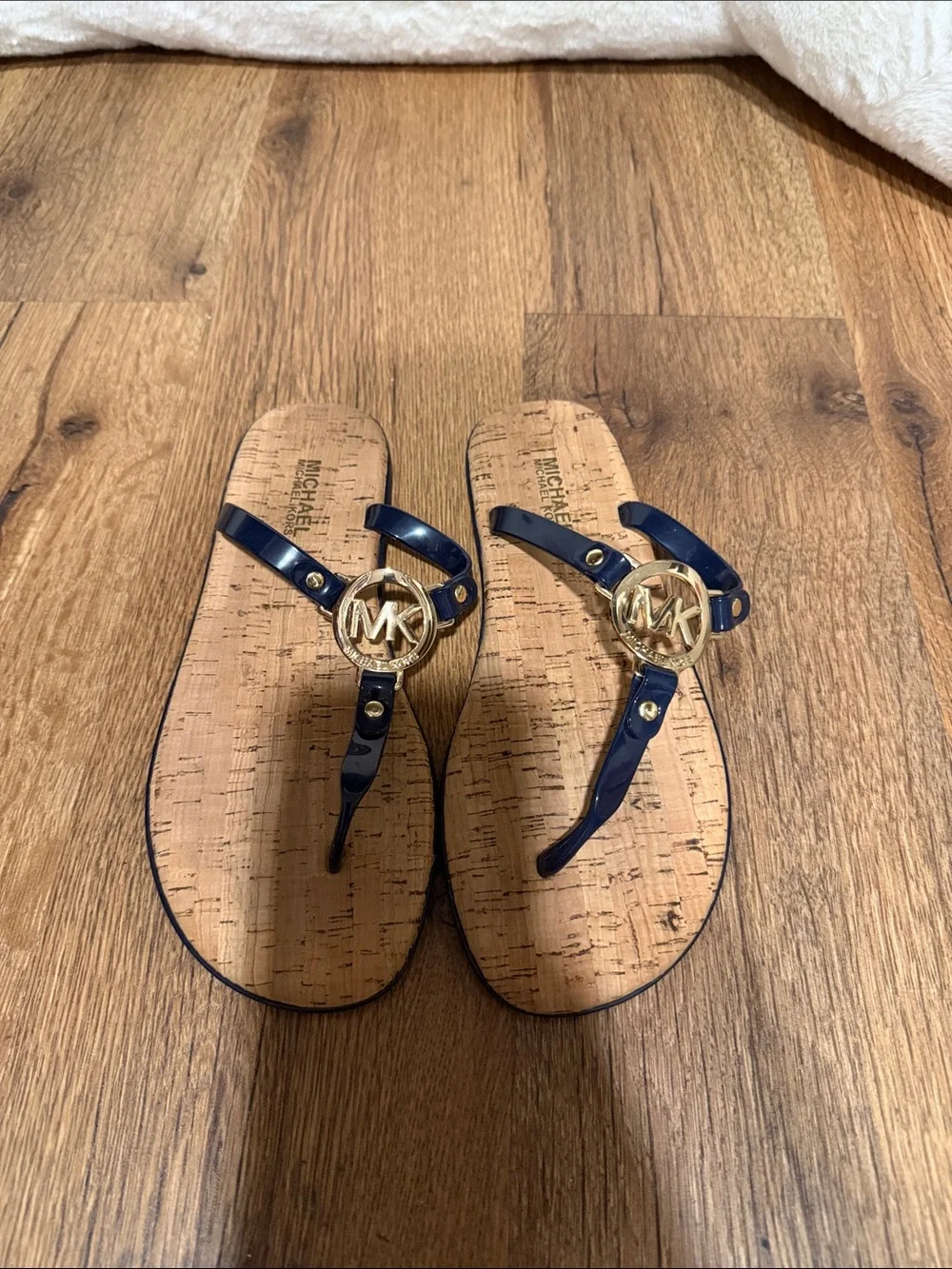 Michael Kors Navy Patent Logo Cork-Style Thong Sandals